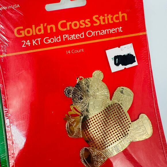 2 GOLD’n CROSS STITCH 24kt Christmas Ornaments by Needleform Vintage Bear Heart - Picture 3 of 5